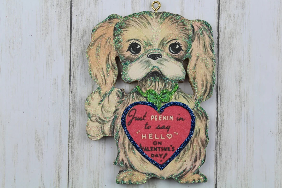 Pekingese Dog Holding Heart Valentine Ornament Vintage Card Image Glitter and Wood Holiday Tree D... | Etsy (US)
