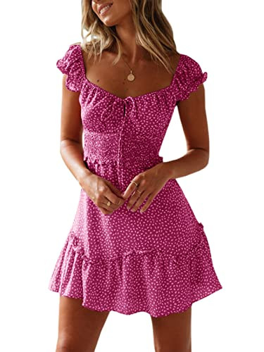 YOBECHO Womens Summer Ruffle Sleeve Sweetheart Neckline Printing Dress Mini Dresses Rose Red | Amazon (US)