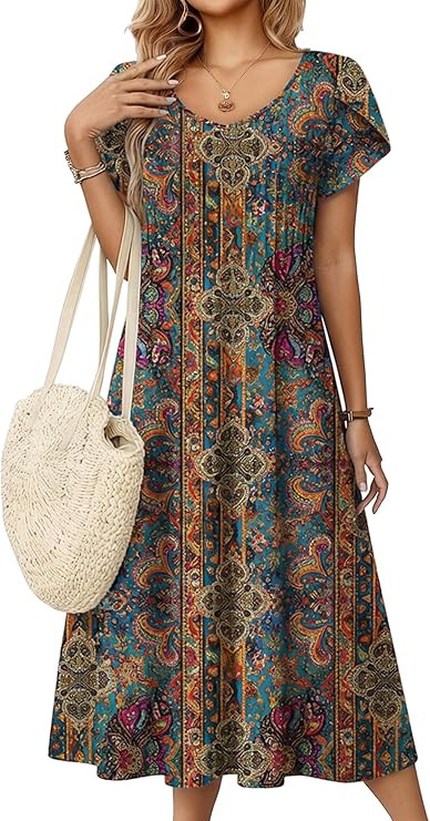 Zeagoo Women Midi Dresses for Summer 2026 Short Sleeve Casual Flowy Dress A Line Pleated V Neck B... | Amazon (US)