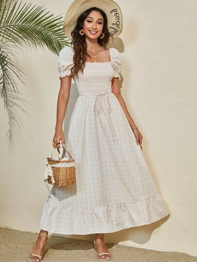 SHEIN Plaid Puff Sleeve Frill Trim Dress | SHEIN