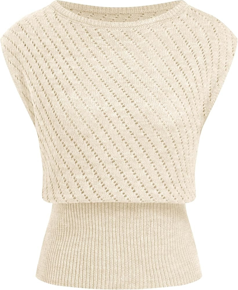 Hixiaohe Womens Knit Vest Casual Crew Neck Hollow Out Ribbed Waist Summer Pullover Top Elegant So... | Amazon (US)
