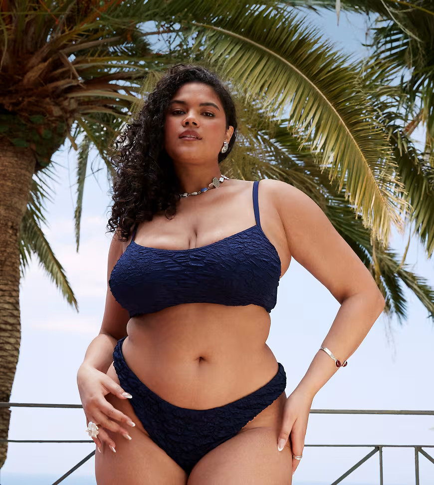 ASOS DESIGN Curve Courtney textured florida bikini bottom in navy | ASOS (Global)