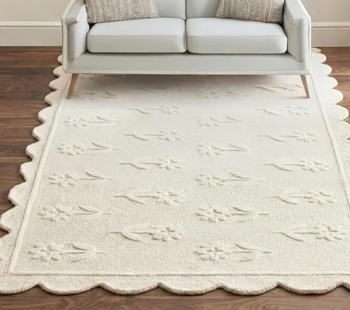 RUGWYN Jessa Scallop Floral Rug – Handmade Wool Area Rug with Non-Slip Cotton Backing – Soft and Durable – Ideal for Living Room, Bedroom, and Home Décor – Anti-Skid Design (Beige, 5' x 8') | Amazon (US)