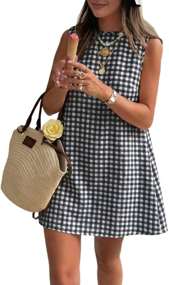IDEALSANXUN Womens Gingham Dress Spring Summer Beach Boho Sleeveless Mini Sundress | Amazon (US)