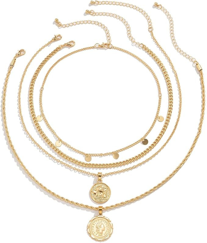MJartoria Layered Necklaces for Women Trendy Retro Coin Pendant Gold Chain Necklaces Dainty Link ... | Amazon (US)