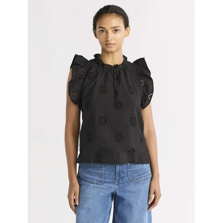 Free Assembly Women s Cotton Eyelet Top with Flutter Sleeves Sizes XS-XXL | Walmart (US)