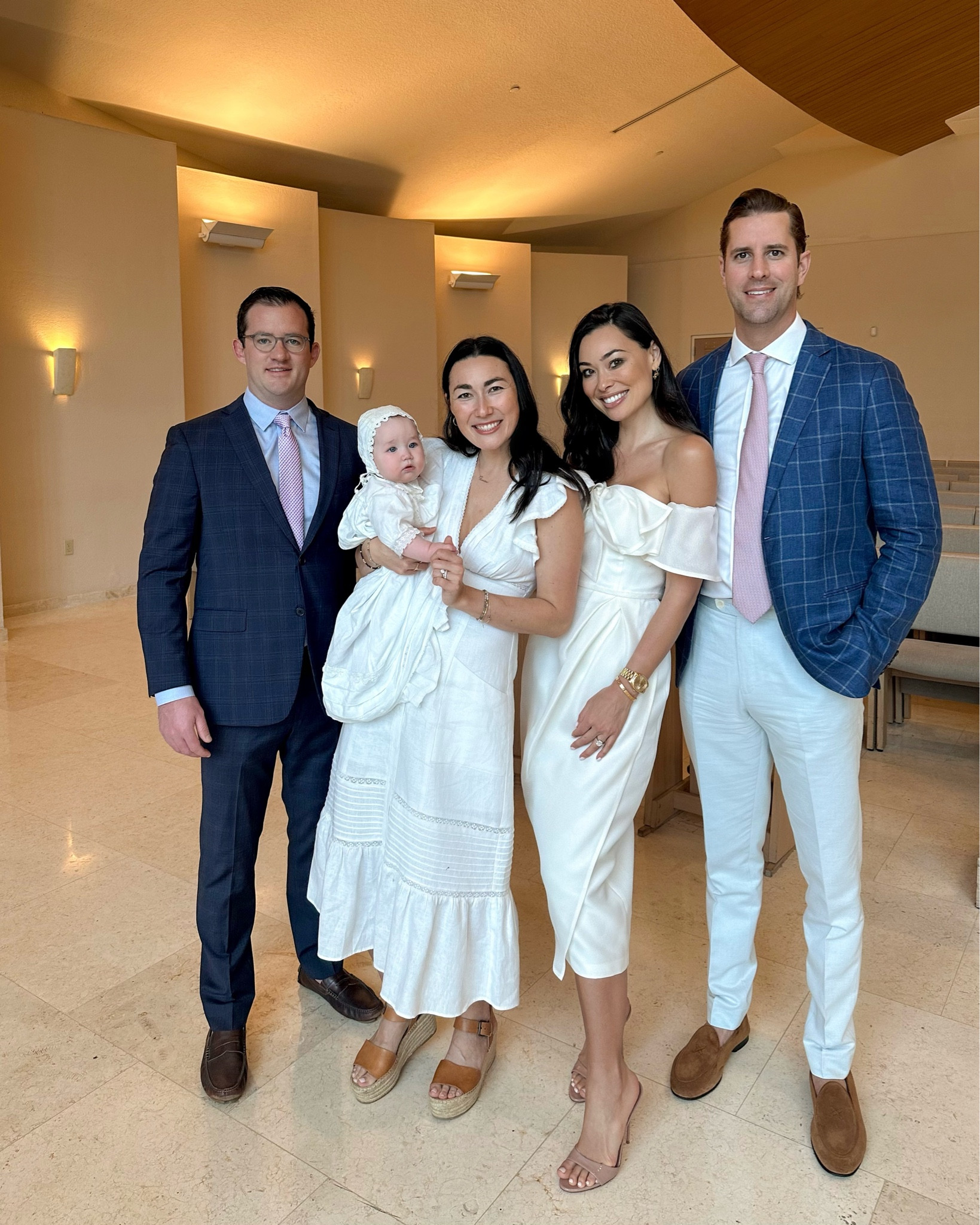 Kat and Thomas Jamieson wear outfit for a baptism. White dresses for a baptism. Men’s style, men’s fashion, Carolina Herrera, Reformation. Thomas’ shoes are Del Toro. 

#LTKbaby #LTKSeasonal #LTKmens