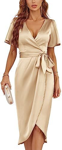 Newshows Women's Summer 2023 Satin Short Sleeve Cocktail Midi Dress V Neck Belted Ruched Slit For... | Amazon (US)