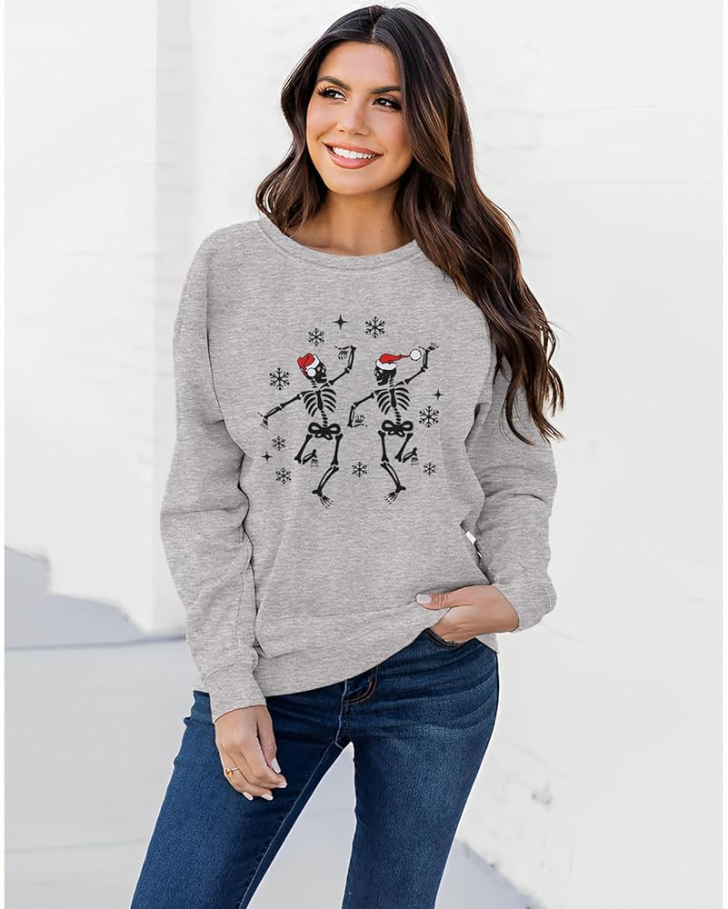 CM C&M WODRO Women's Christmas Sweatshirts Dancing Skeleton Shirts Horror Skull Graphic Long Sleeve Crewneck Pullover | Amazon (US)
