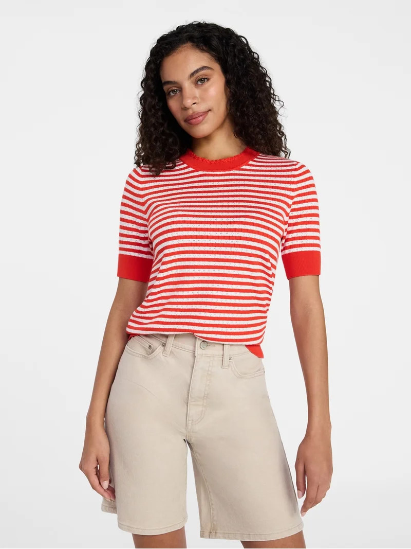 Time and Tru Women's Striped Pointelle Sweater with Short Sleeves, Lightweight, Sizes XS – XXXL | Walmart (US)