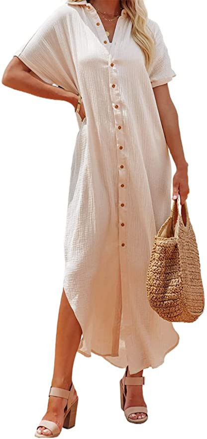 Herseas Womens Casual Short Sleeve Button Down Dress Side Split Long Kimonos Cardigans Swimsuit C... | Amazon (US)