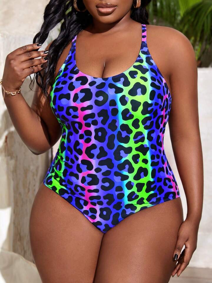 SHEIN Slayr Summer Beach Plus Ombre Leopard Print Crisscross Backless One Piece Swimsuit | SHEIN