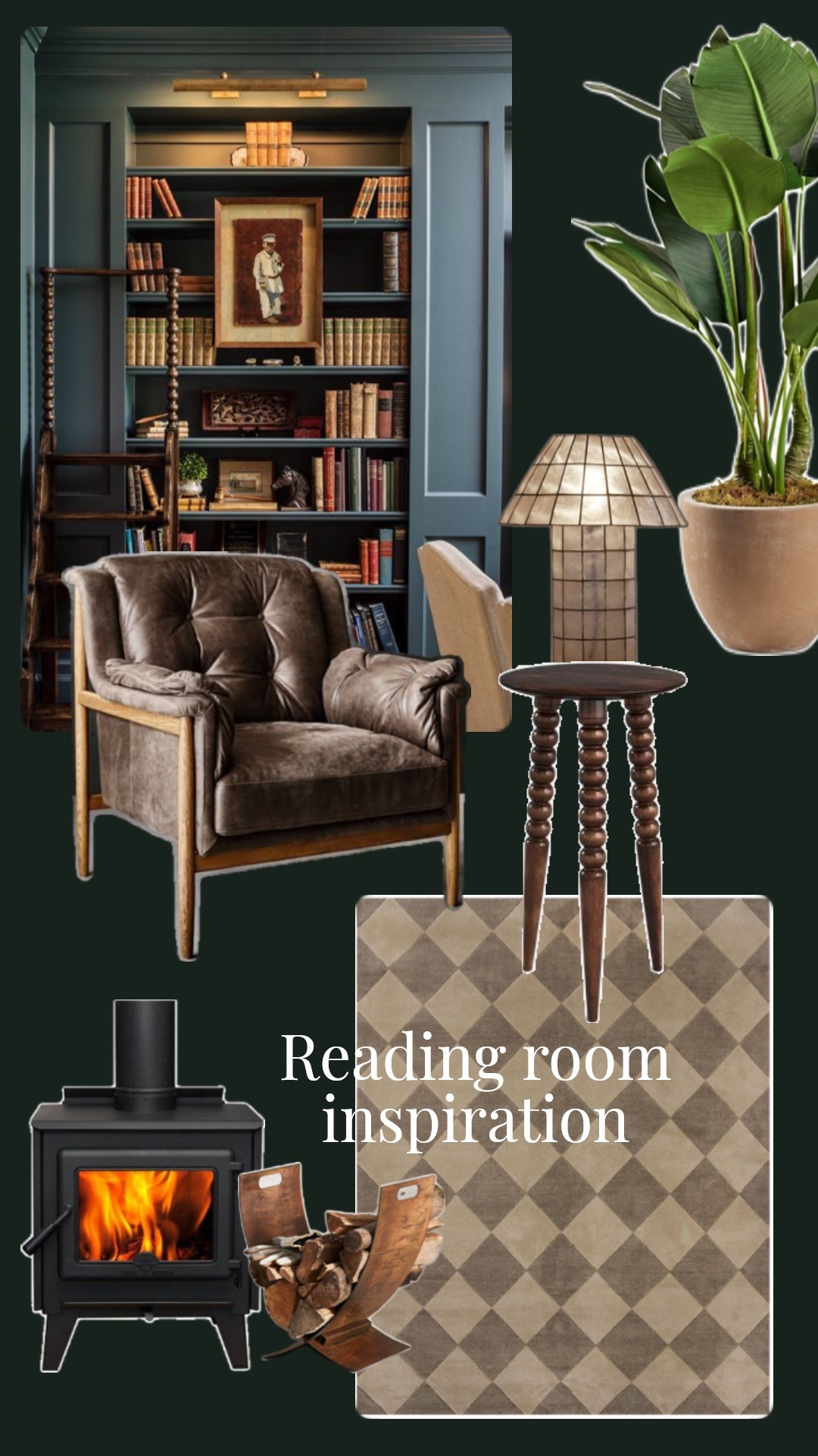 My shopping list for our reading room, planning to build out a bookshelf against one wall, paint a deep green, and work on creating a cozy reading environment around our wood fire stove. 

#LTKHome