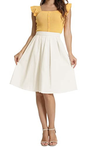 Tandisk Women's High Waist A-Line Pockets Skirt Pleated Flared Midi Skirt with Pockets White M | Amazon (US)