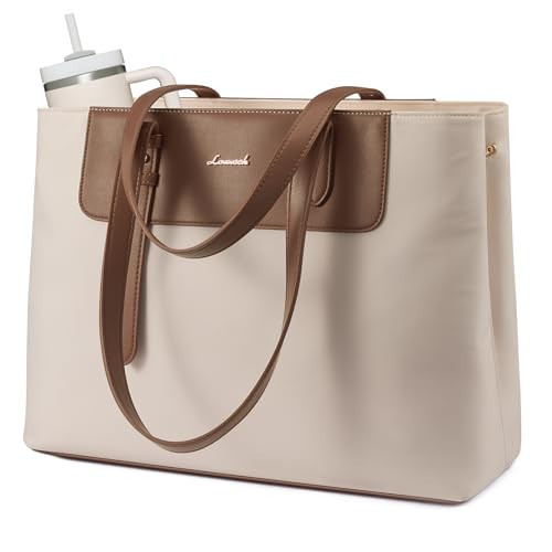 LOVEVOOK Laptop Tote Bag for Women 15.6 Inch, Water-Resistant Work Tote Bag Large Capacity Computer Bag Briefcase Handbag for Office Business Travel Teacher Nurse, Nylon & PU, off-white | Amazon (US)