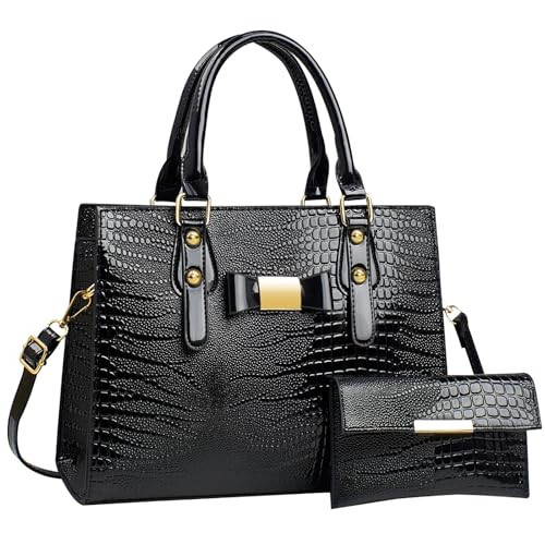Tigpoy 2Pcs Purses and Handbags for Women, Shoulder Top Handle Bags Satchel Purses Bow Bags for Women PU Leather Tote Top for Ladies (Black) | Amazon (US)