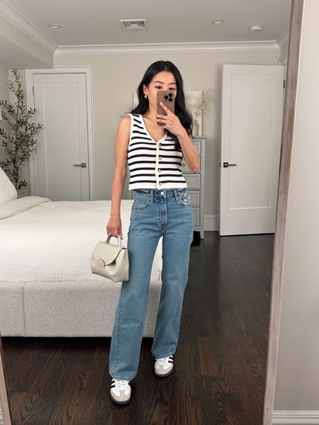 Abercrombie is having their Bi-Annual Denim sale this weekend! Take 25% off all denim, and use code AFJEAN for a stackable 15% off. 

• Abercrombie button up sweater vest in navy strip xxs . Soo cute! Slightly looser cropped fit 

• AF High Rise 90s relaxed jean 24 Extra Short.

• Adidas sambas men's 4 = women's 5/5.5

• Polene bag (not linkable)

@abercrombie #abercrombiepartner 
#petite A&F denim outfits 

#LTKSpringSale #LTKSeasonal #LTKsalealert