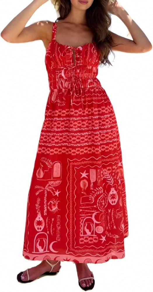 Women Cute Boho Flowy Maxi Dress Spaghetti Strap V Neck Smocked Long Dress Y2K Patchwork Floral B... | Amazon (US)