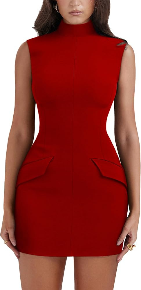 YMDUCH Women's Sexy Summer Sleeveless Mock Turtle Neck Bodycon Party Mini Dress | Amazon (US)