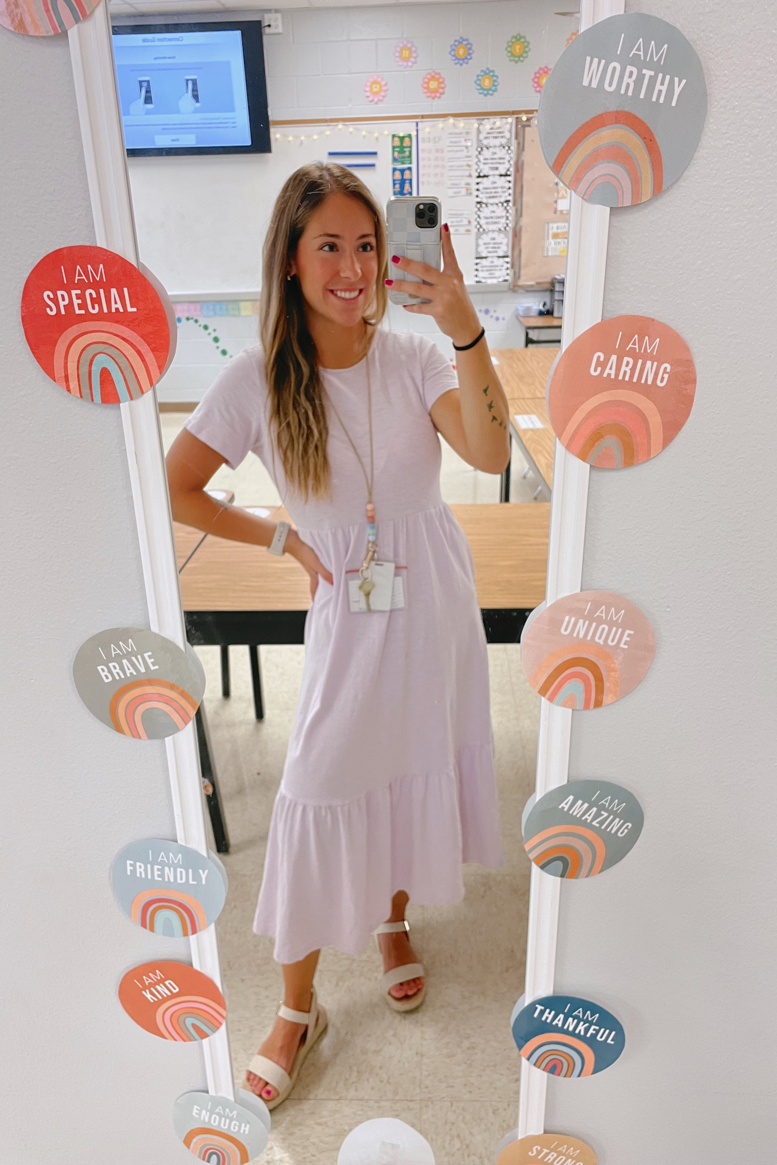 Classroom OOTD 💟  
Bought it last summer, but tagged a few of my other favorites! 

Pastel dress. Midi dress. Tiered teacher dress. Teacher clothes. Workwear. Teacher outfit  