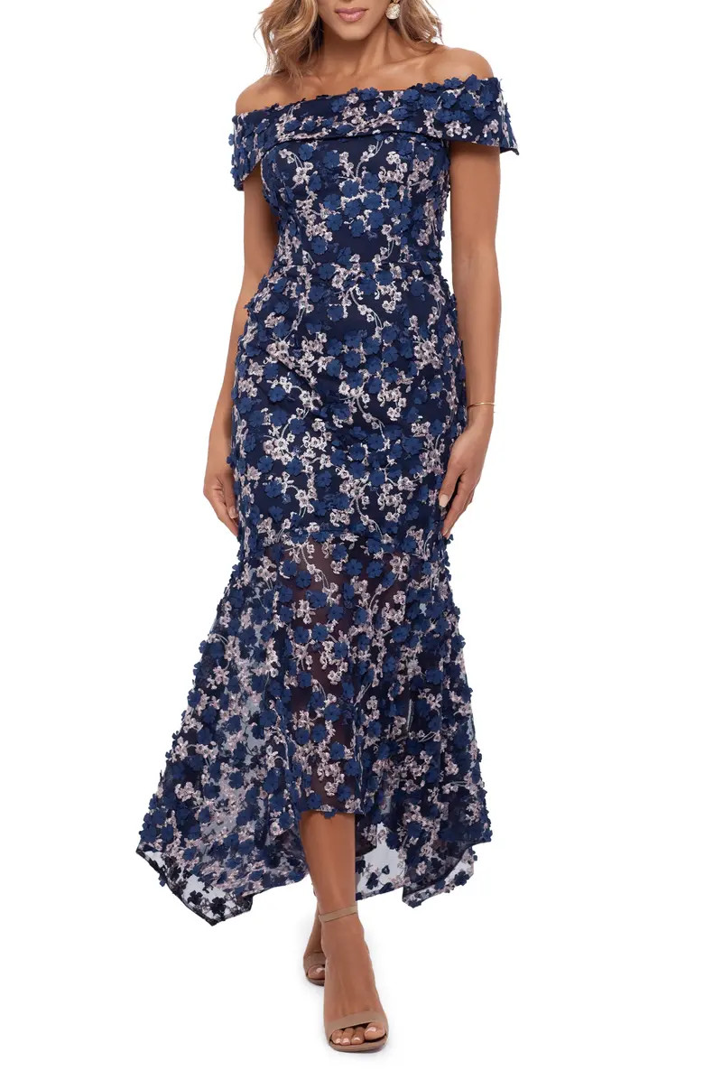 Raised Flower Off the Shoulder Flounce Midi Gown | Nordstrom