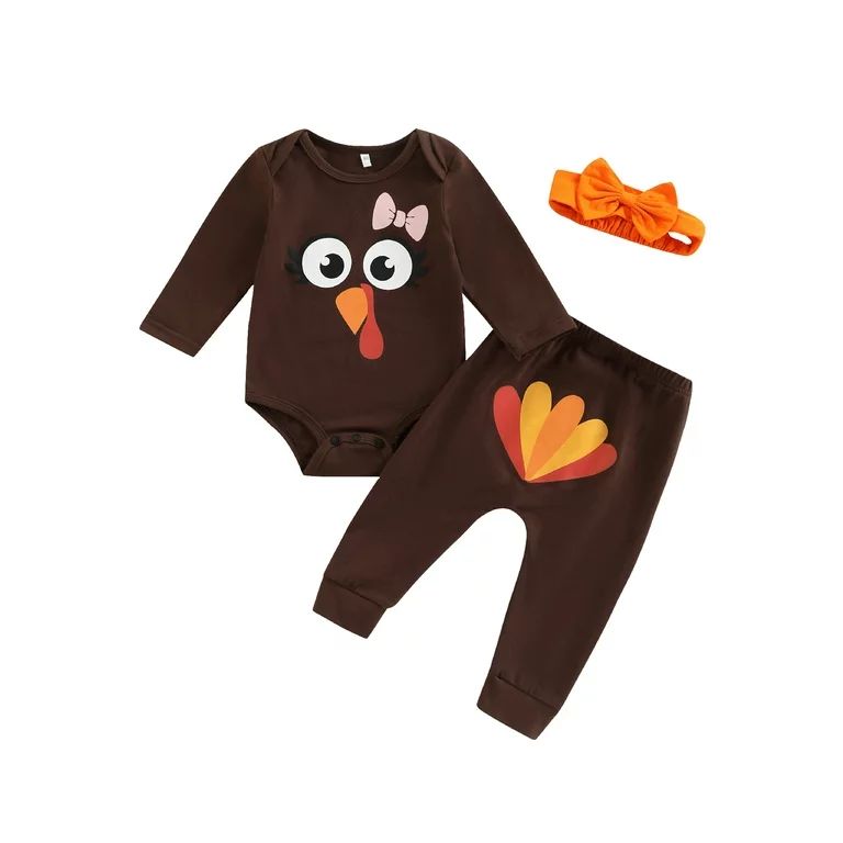 Bagilaanoe 3Pcs Newborn Baby Girl Thanksgiving Outfits Turkey Print Long Sleeve Romper Tops + Tro... | Walmart (US)