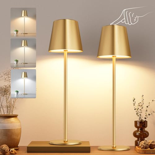 Kakanuo Cordless Table Lamps Set of 2, Portable LED Battery Operated Lamp, Wireless Rechargeable Lamp, 3 Color Stepless Small Table Lamp for Restaurant, Bar, Party, Camping and Bedroom - Gold | Amazon (US)