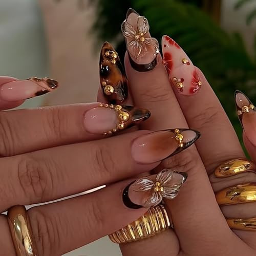HOSAILY Medium Almond 3D Brown Gold Flower Press on Nails-Sweet & Edgy Leopard French Tip Blossom Gradient Design,24Pcs Semi-Handmade Fall/Autumn/New Year Glue on Acrylic Fake Nail Press ons for Women | Amazon (US)