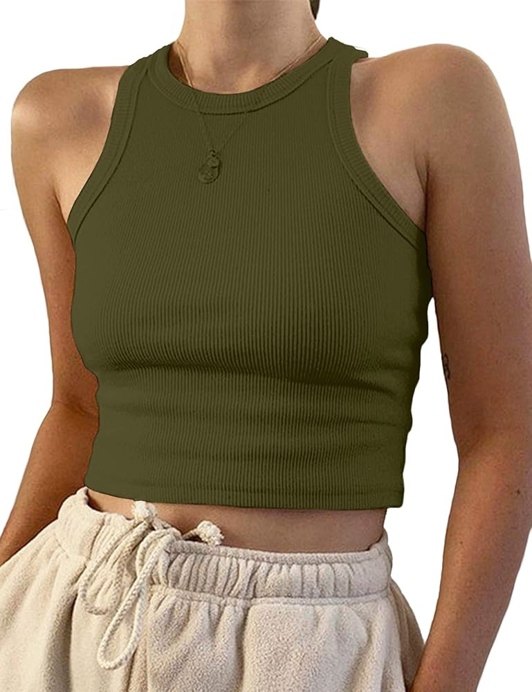 Women's Round Neck Basic Racerback Camisole Rib-Knit Solid Sleeveless Crop Tank Tops | Amazon (US)