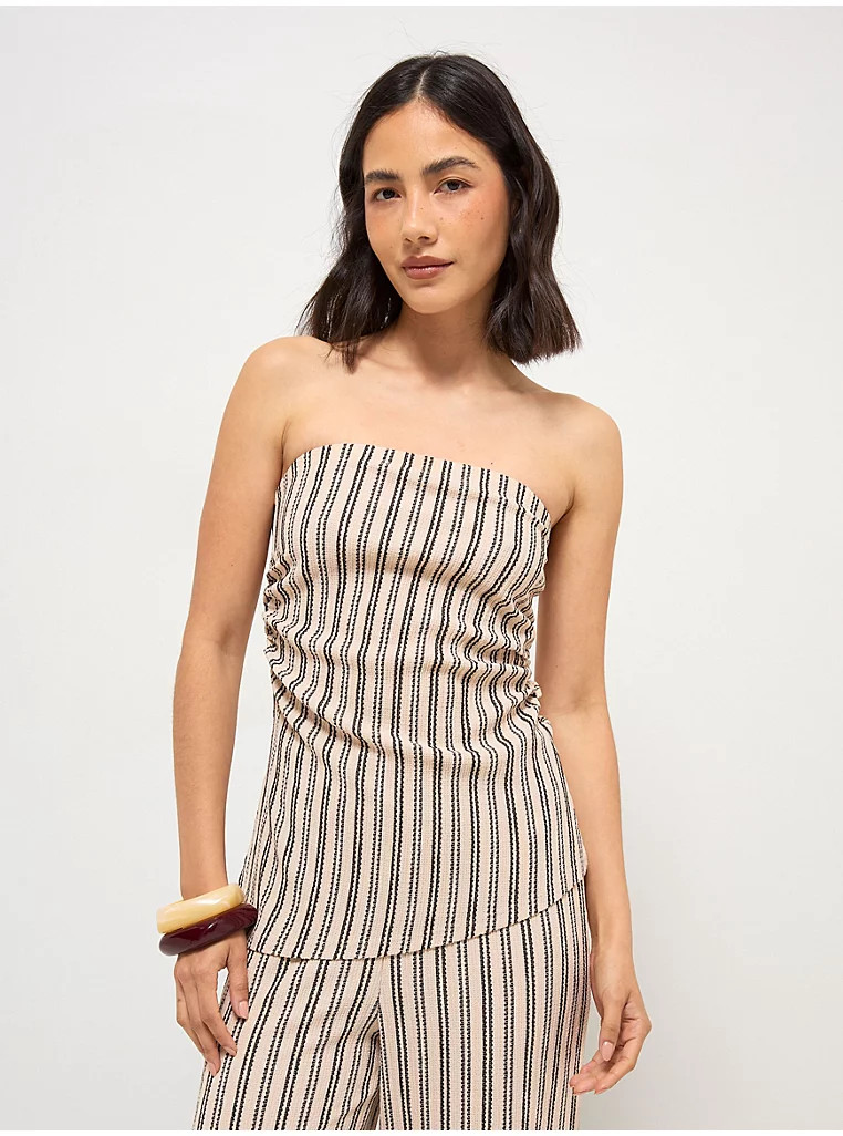 Beige Striped Textured Asymmetric Bandeau Top | George