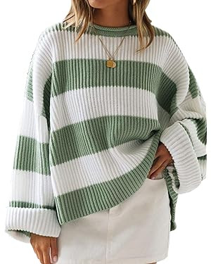 ZESICA Women's 2026 Fall Long Sleeve Oversized Striped Color Block Comfy Loose Crew Neck Knitted ... | Amazon (US)