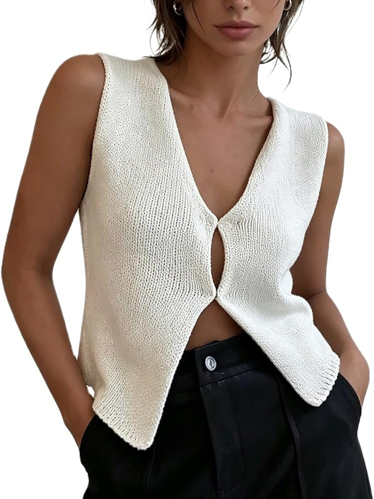 Womens Vintage Knittd Tank Y2k Vest Crop Top Sleeveless V-Neck Open Front Button Crochet Knit Ves... | Amazon (US)