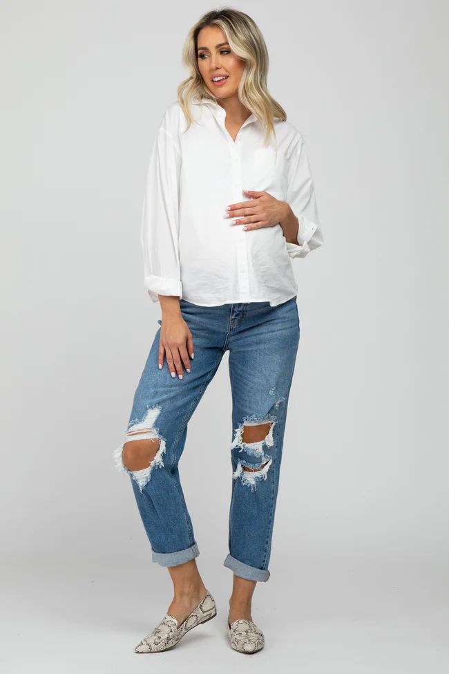 Blue Distressed Cuffed Maternity Jeans | PinkBlush Maternity