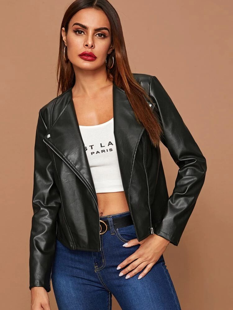 SHEIN Faux Leather Zip-Up Moto Jacket | SHEIN