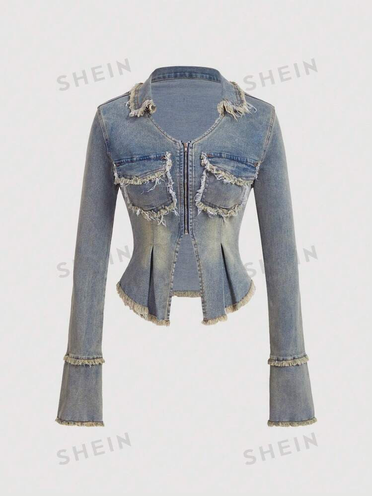 SHEIN MOD Women's Casual Frayed Denim Jacket, Spring Autumn | SHEIN