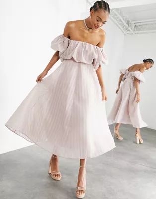 ASOS EDITION puff off shoulder midi dress in blush | ASOS (Global)