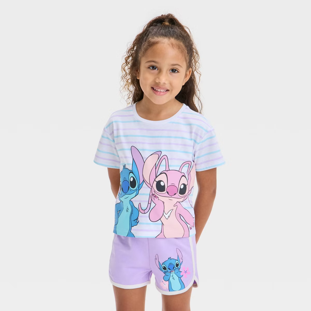 Toddler Girls' 2pc Disney Lilo & Stitch Angel Striped T-Shirt & Retro Knit Shorts Set - Purple | Target