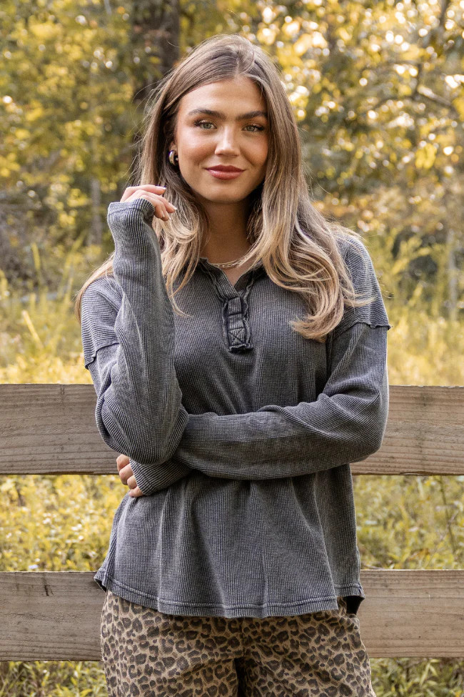 Leaf Your Worries Black Acid Washed Waffle Collared Top SALE | Pink Lily