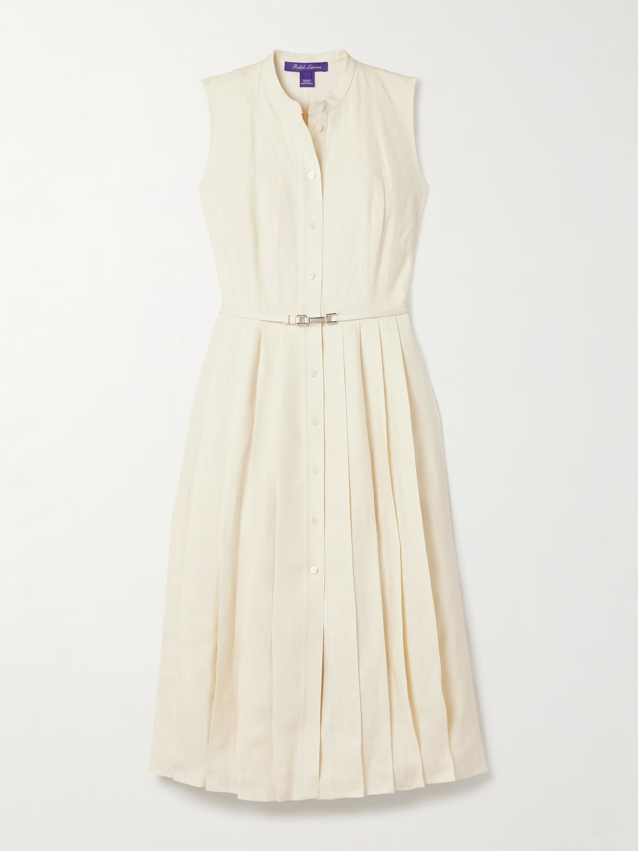 Ralph Lauren Collection - Kennedi Belted Pleated Linen Midi Dress - Cream | NET-A-PORTER (US)