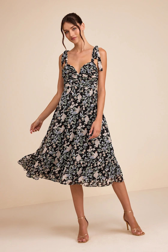 Lush Loveliness Black Floral Lurex Tie-Strap Midi Dress | Lulus