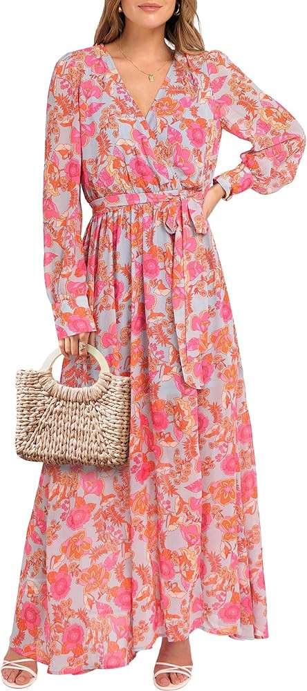 ANRABESS Women’s Long Sleeve Floral Maxi Dress Boho Flowy Wrap Slit V Neck Beach Fall Wedding G... | Amazon (US)