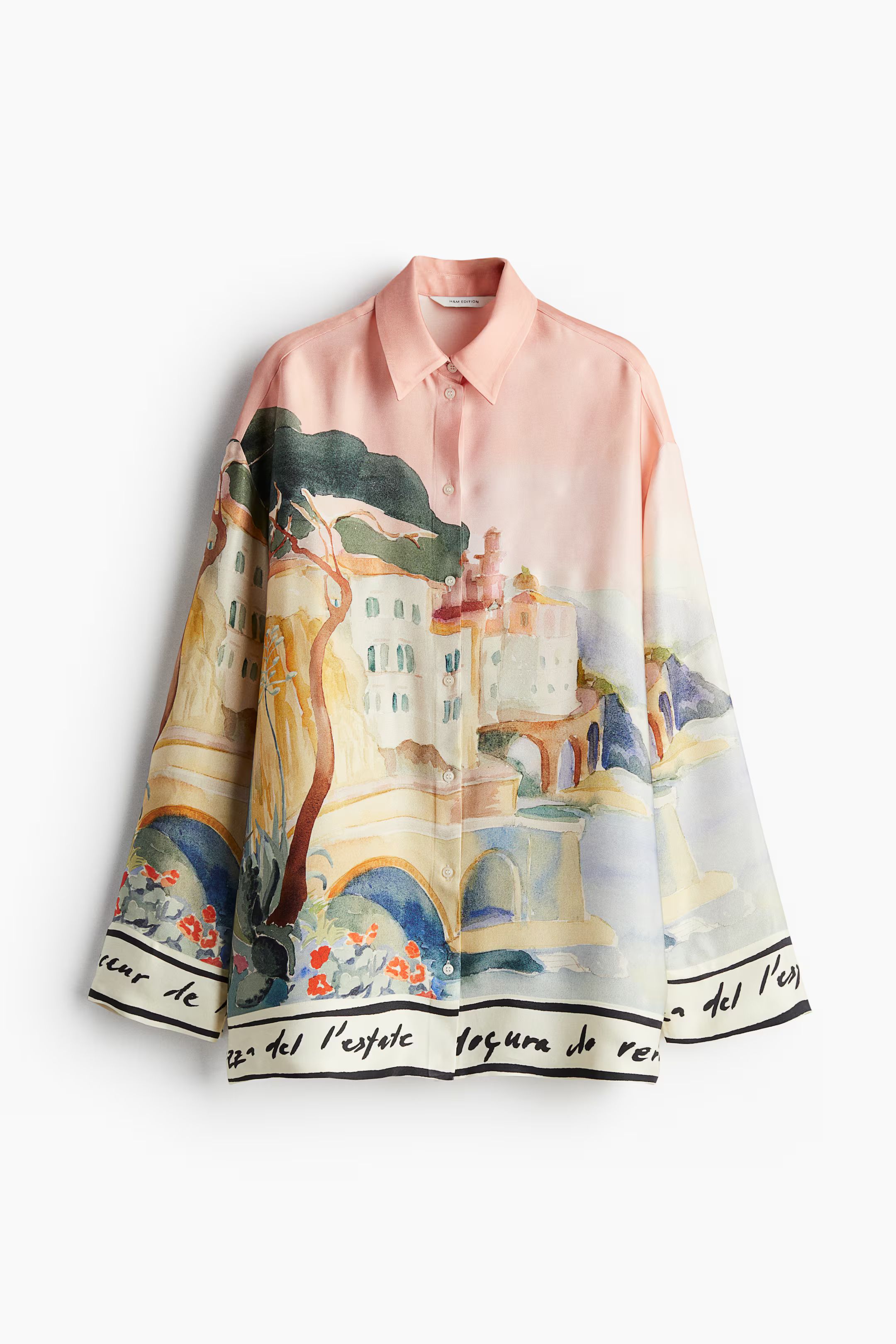 Print-motif shirt - Long sleeve - Regular length - Apricot/Landscape - Ladies | H&M GB | H&M (UK, MY, IN, SG, PH, TW, HK)