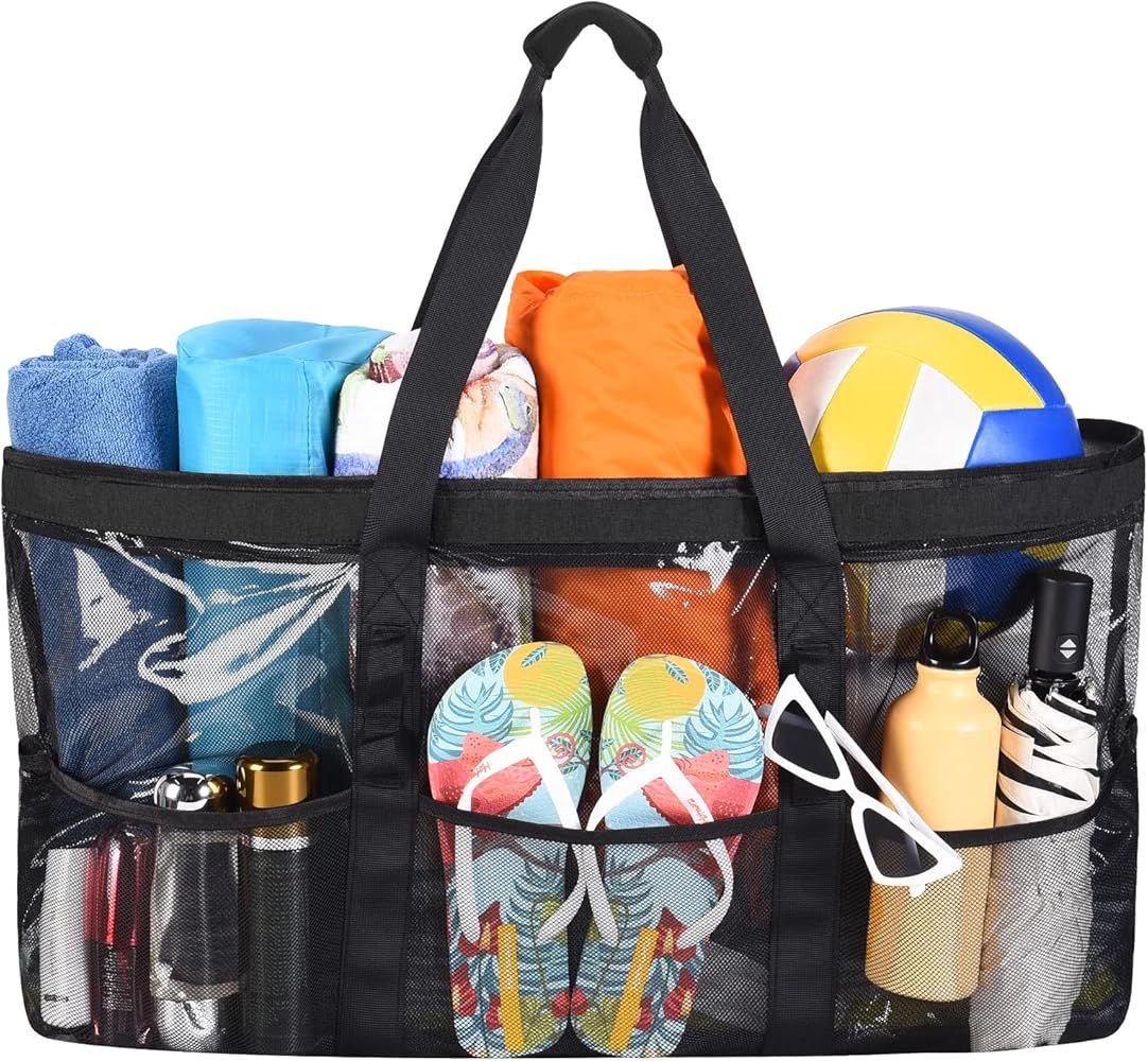 ATARNI Large Mesh Beach Bag - Oversized Foldable Tote Bag with 7 Pockets for Swim Pool Gym Sports... | Amazon (US)