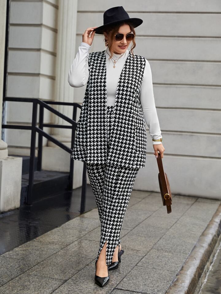 SHEIN Clasi Plus Houndstooth Vest Coat & Pants Without Top | SHEIN