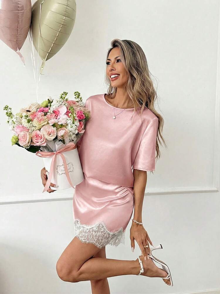 Easowa Crew Neck T-Shirt Top And Lace Patchwork A-Line Skirt Set, Silk Satin And Lace Patchwork Casual Loose Elegant Office Lady Style, Spring/Summer Women 2-Piece Set 2 Piece Casual Sets Woman Short Sets For Women Elegant High Quality Dress Casual Dress For Women Elegant Classy | SHEIN
