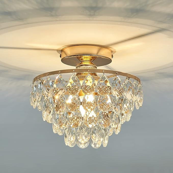 YYJLX Modern E26 Small Crystal Chandelier Semi Flush Mount Ceiling Light Fixture Gold Ceiling Lam... | Amazon (US)