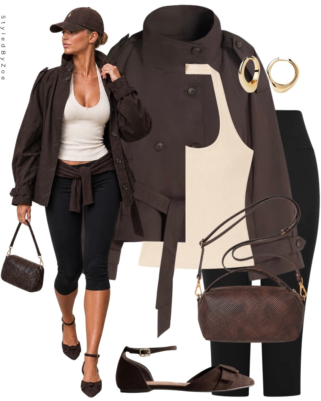 Chocolate brown autumn outfit idea 🤎 Styling black capri leggings with a cream vest, brown utility jacket, ballet flats and matching accessories for an easy transitional look🍂 

#AutumnOutfitIdeas #TransitionalOutfits #CapriLeggings #BrownOutfit #UKFashion #falloutfts

#LTKuk #LTKautumn #LTKsummer
