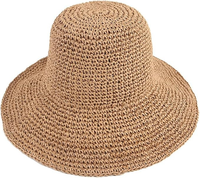 Womens Sun Hat Straw Hat Wide Brim Foldable Roll-Up Beachwear Sun Hat Summer Beach Hat (Khaki) | Amazon (US)
