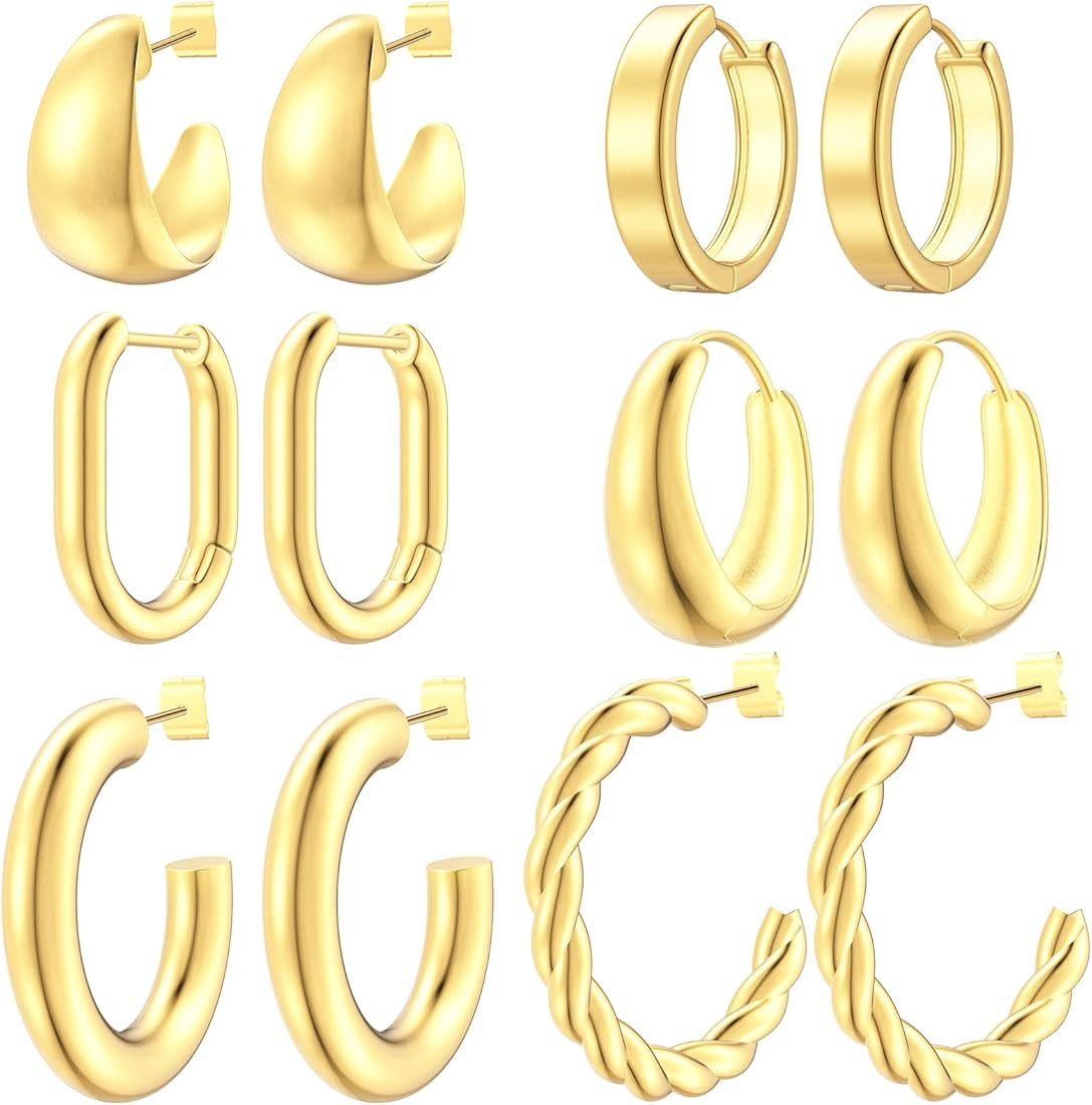 Gold Hoop Earrings Set for Women, 14K Gold Plated Hypoallergenic Lightweight Open Huggie Hoop Ear... | Amazon (US)