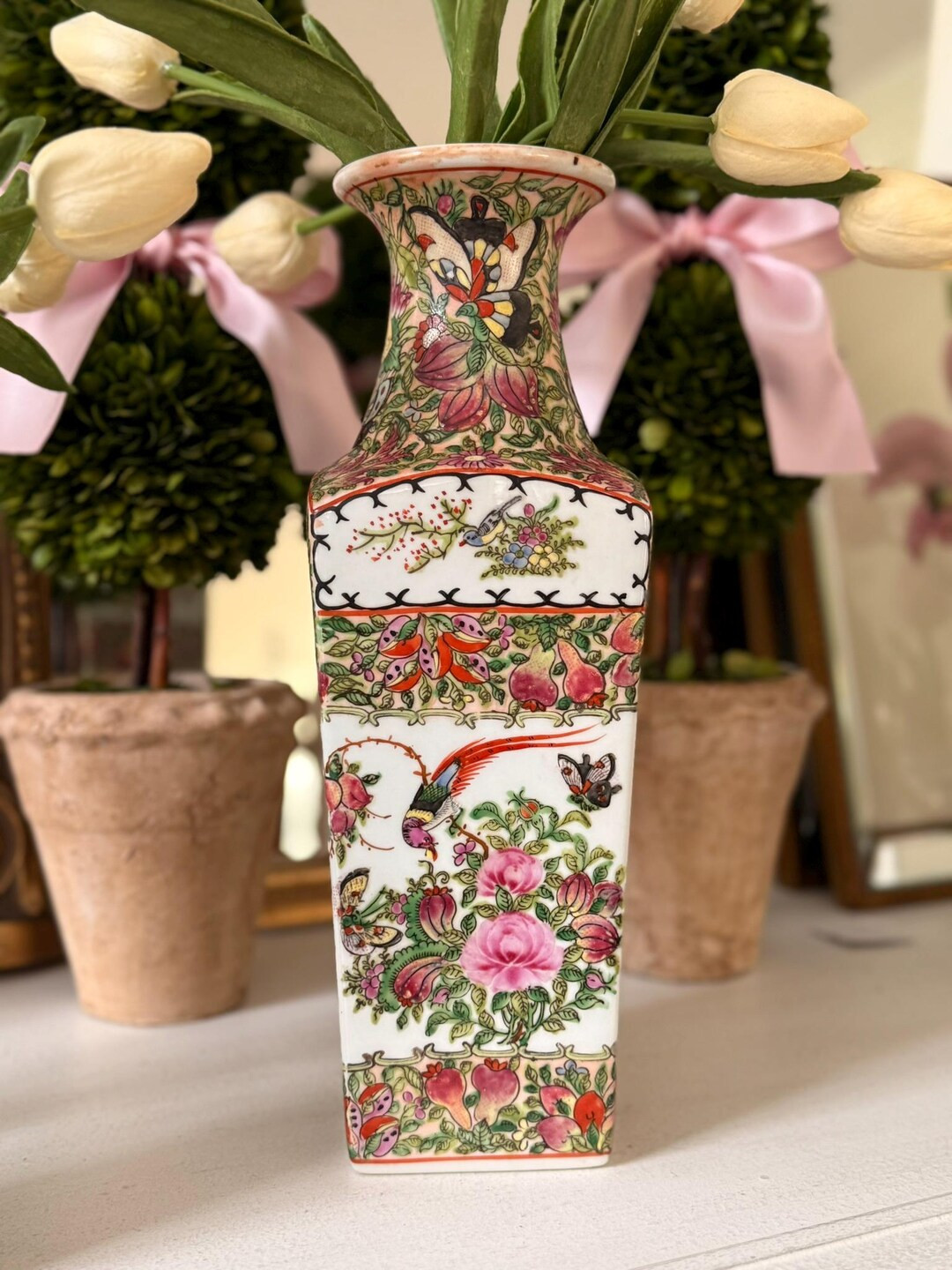 Vintage Chinoiserie Vase | Famille Rose, Hand-painted Decorative Accent | 12.5” - Etsy | Etsy (US)